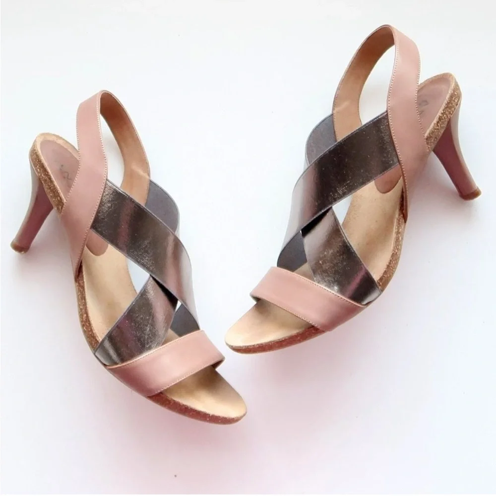 Anyi Lu Italian Dusty Pink& Silver Leather Heels Open Toe Slingback Sandals